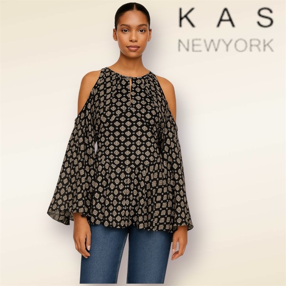 KOS NEWYORK Tops - KAS NEWYORK Cold Shoulder Baroque Printed / Geometric Flowers Blouse